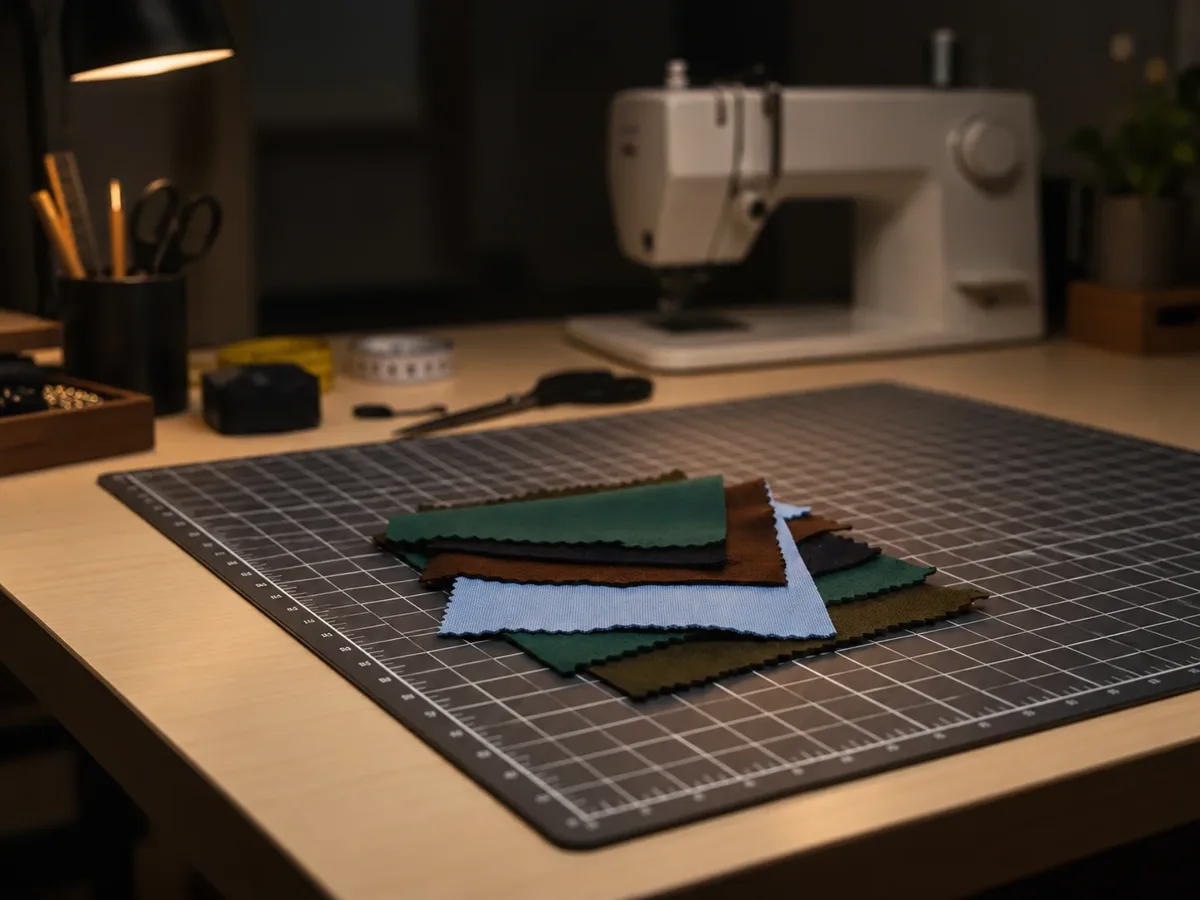Muestras de tela de punto sobre mesa de corte con máquina de coser al fondo